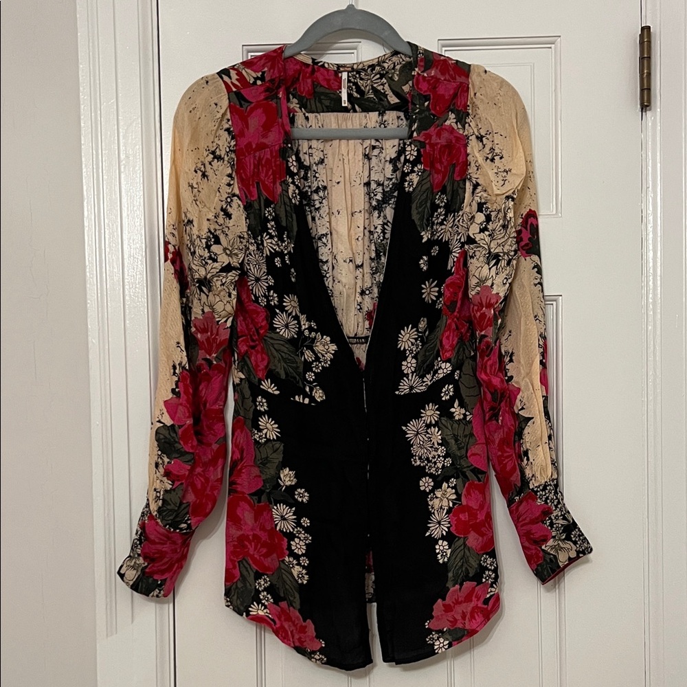 Free People Black and Red Floral Blouse